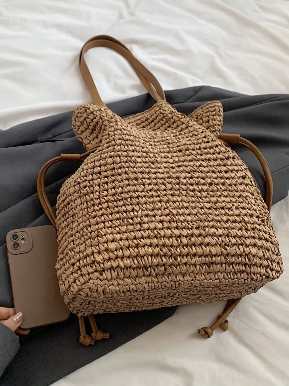 Khaki Casual Women's Straw Tote Bag – Large Capacity Holiday Travel Shoulder Bag